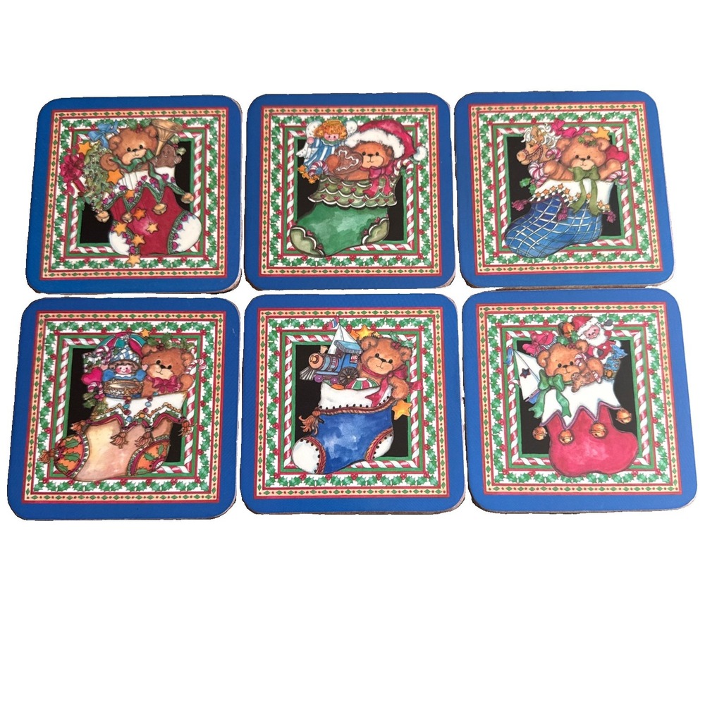 6 Vintage Pimpernel Christmas Stocking Teddy Bear Coasters Made in England